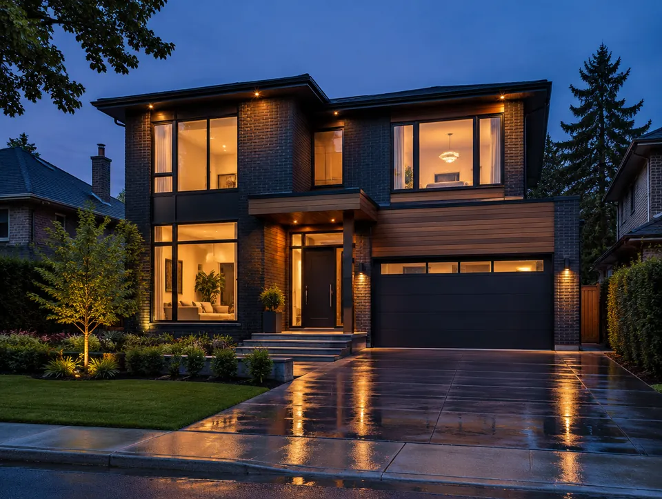 A modern two-storey house at dusk with warm light in the windows and a wet driveway