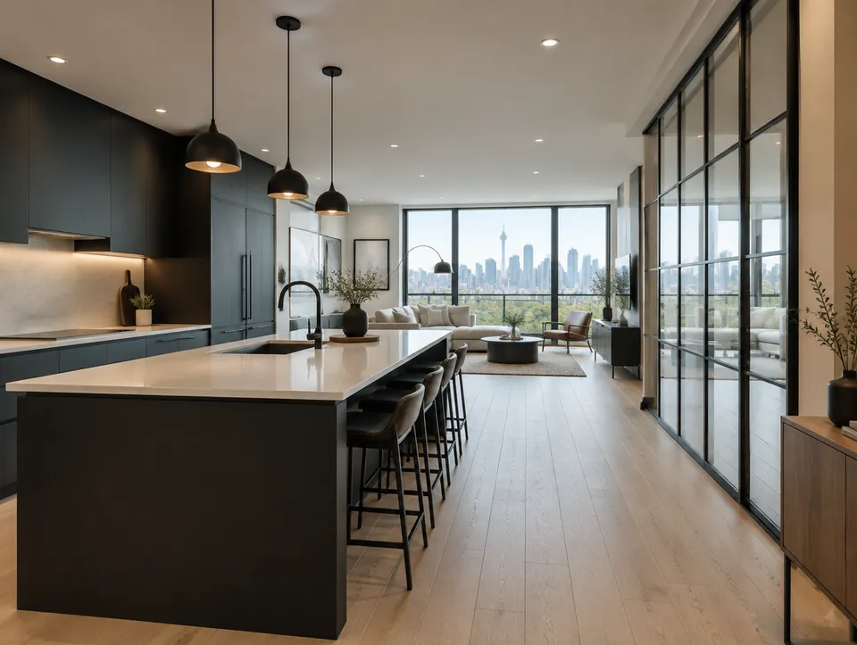 A renovated open-plan kitchen with dark cabinets, a long island and city views